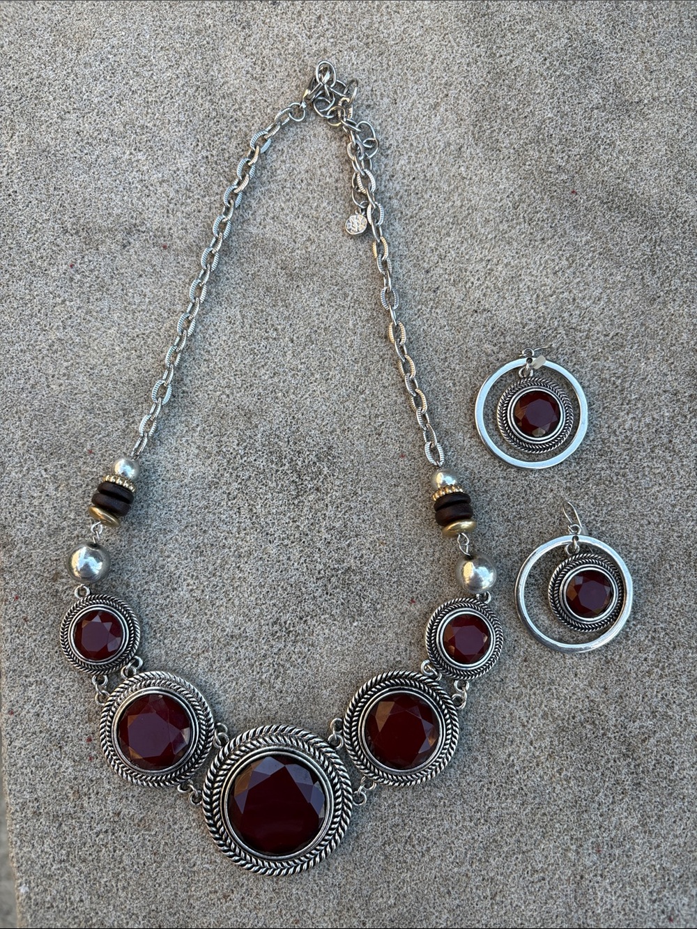 Statement Garnet Colored Gemstone Bib Necklace and Hoop Earrings Set